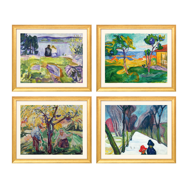Edvard Munch: 4 Bilder "Jahreszeiten-Zyklus" im Set, Version goldfarben gerahmt