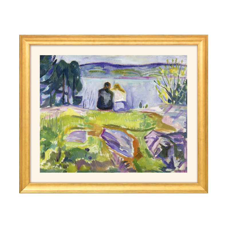 Edvard Munch: Bild "Frühling (Liebespaar am Ufer)" (1911-13) - aus "Jahreszeiten-Zyklus", Version goldfarben gerahmt