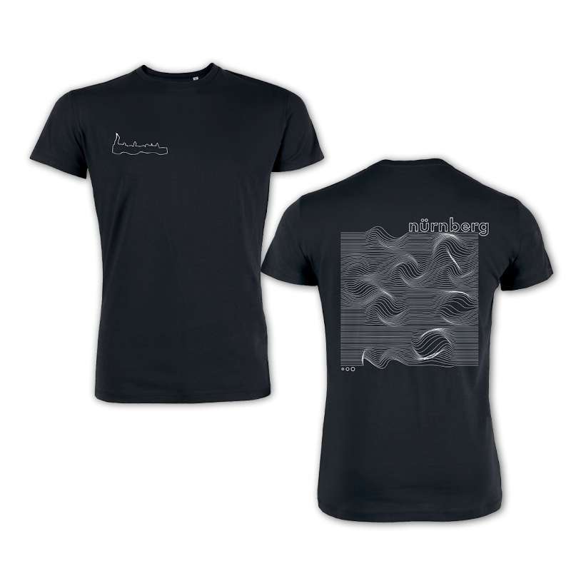 T-Shirt schwarz Motiv Nürnberg Waves auf der Rückseite Vorderseite Skyline Nürnberg