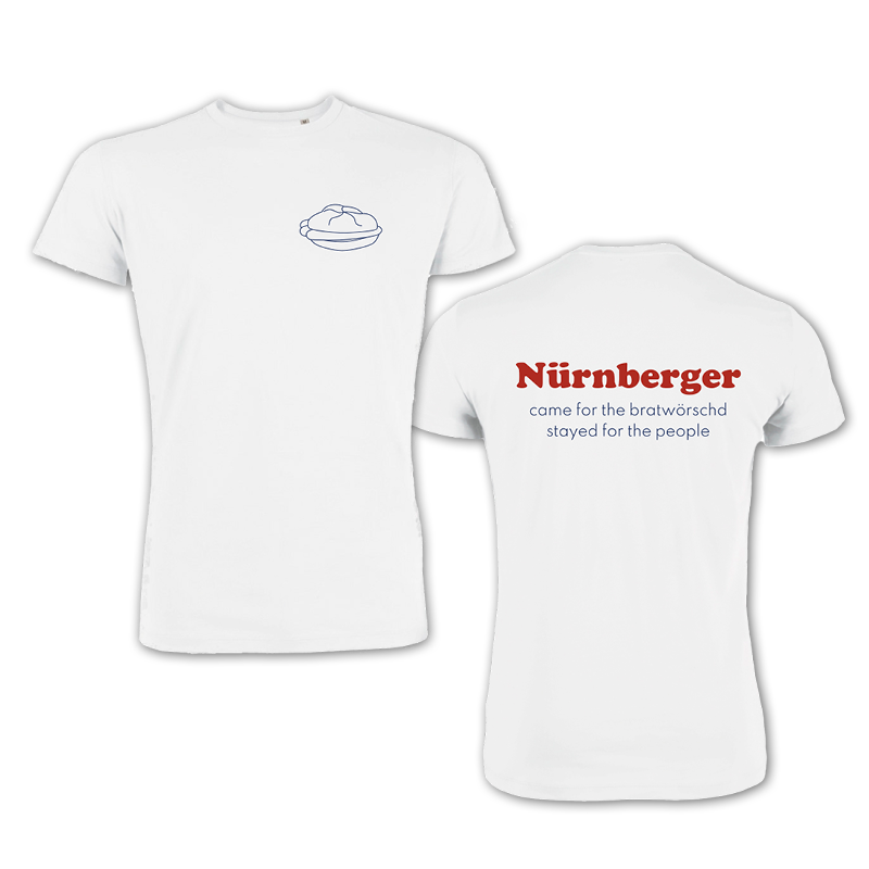 T-Shirt weiß, Vorderseite Abbildung drei im Weggla, Rückseite Schirftzug Nürnberger
