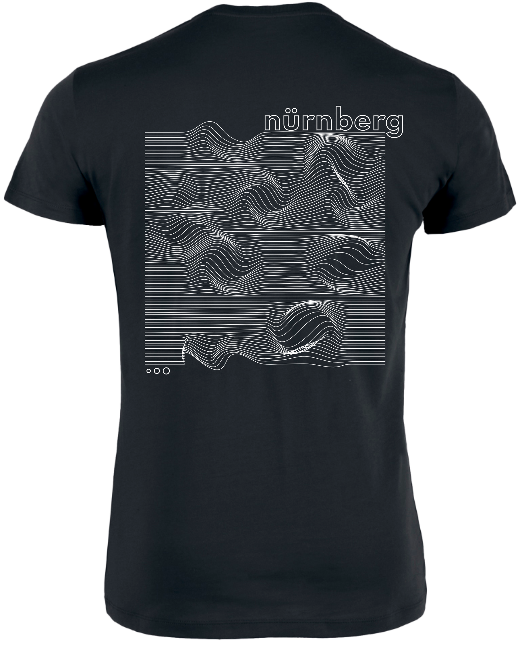 Rückseite schwarzes T-Shirt mit weißem Schriftzug Nürnberg und weißen Wellen.
