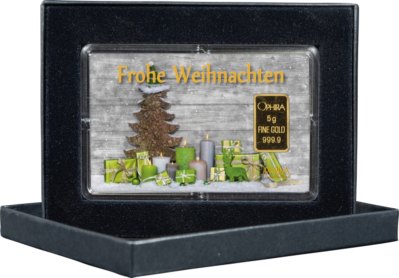 Goldbarren in Scheckkarte Motiv Frohe Weihnachten mit grünen Geschenken