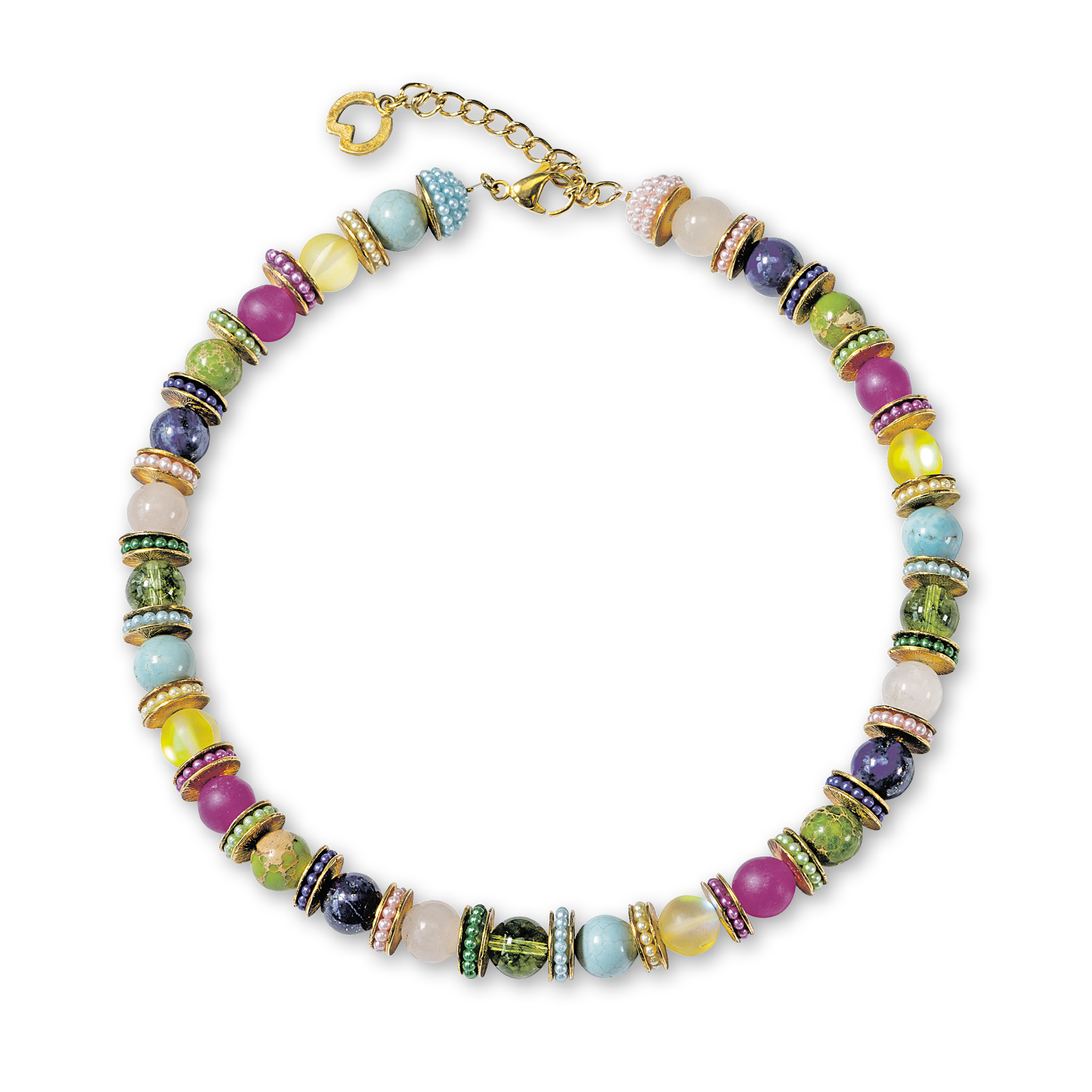 Petra Waszak: Collier "Summer Dream"  Buntes Collier mit Glasperlen und vergoldeten Messingelementen