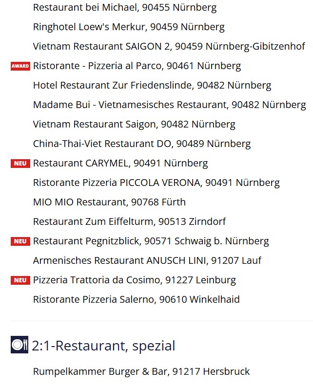 Schlemmerblock Nürnberg Auflistung der Teilnehmenden Restaurants