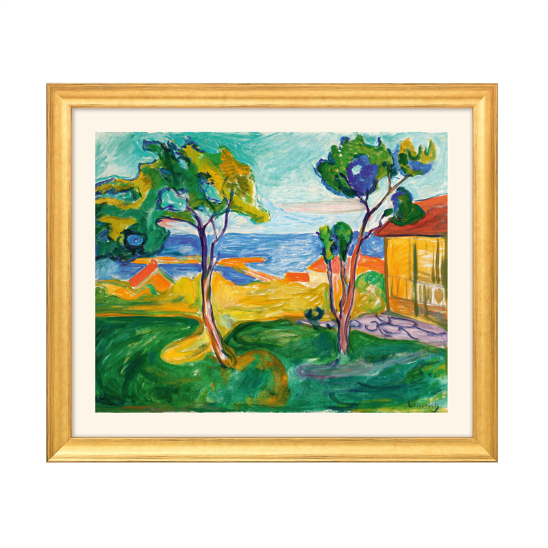 Edvard Munch: Bild "Der Garten in Asgardstrand" (1904-05) - aus "Jahreszeiten-Zyklus", Version goldfarben gerahmt