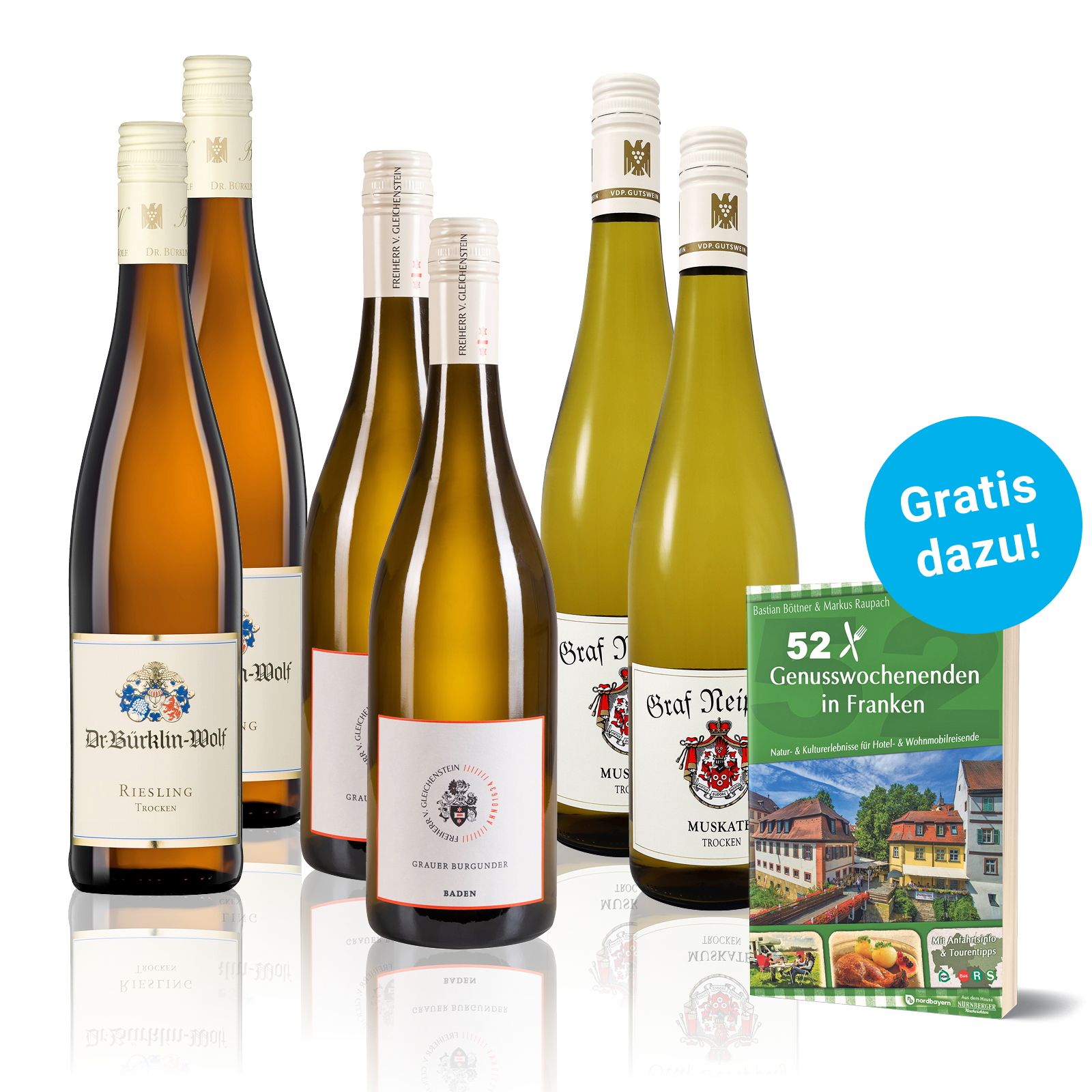 Deutsche Sommerweine, Grauburgunder, Riesling und Muskateller mit Buch 52 Genussowchenenden