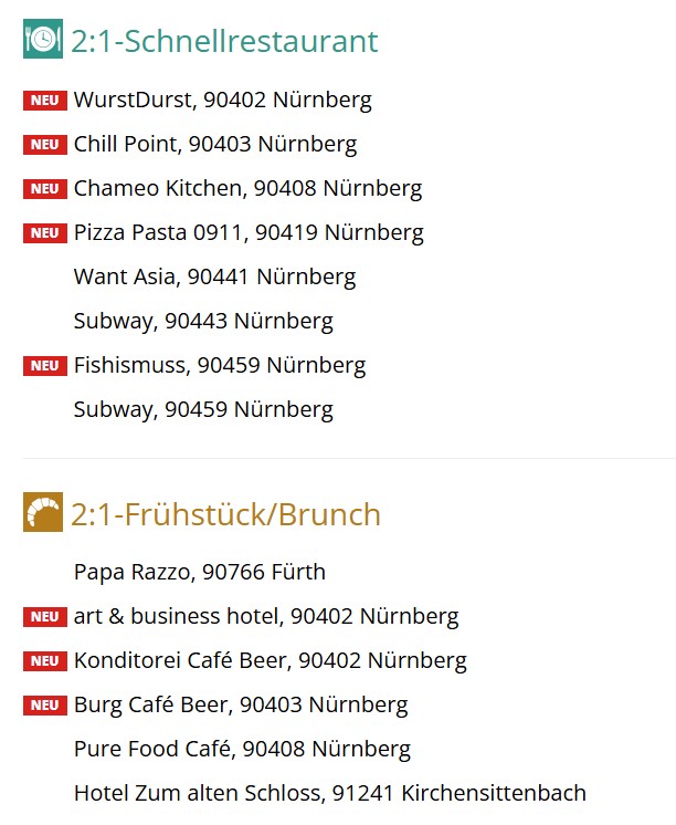 Schlemmerblock Nürnberg Auflistung der Teilnehmenden Restaurants