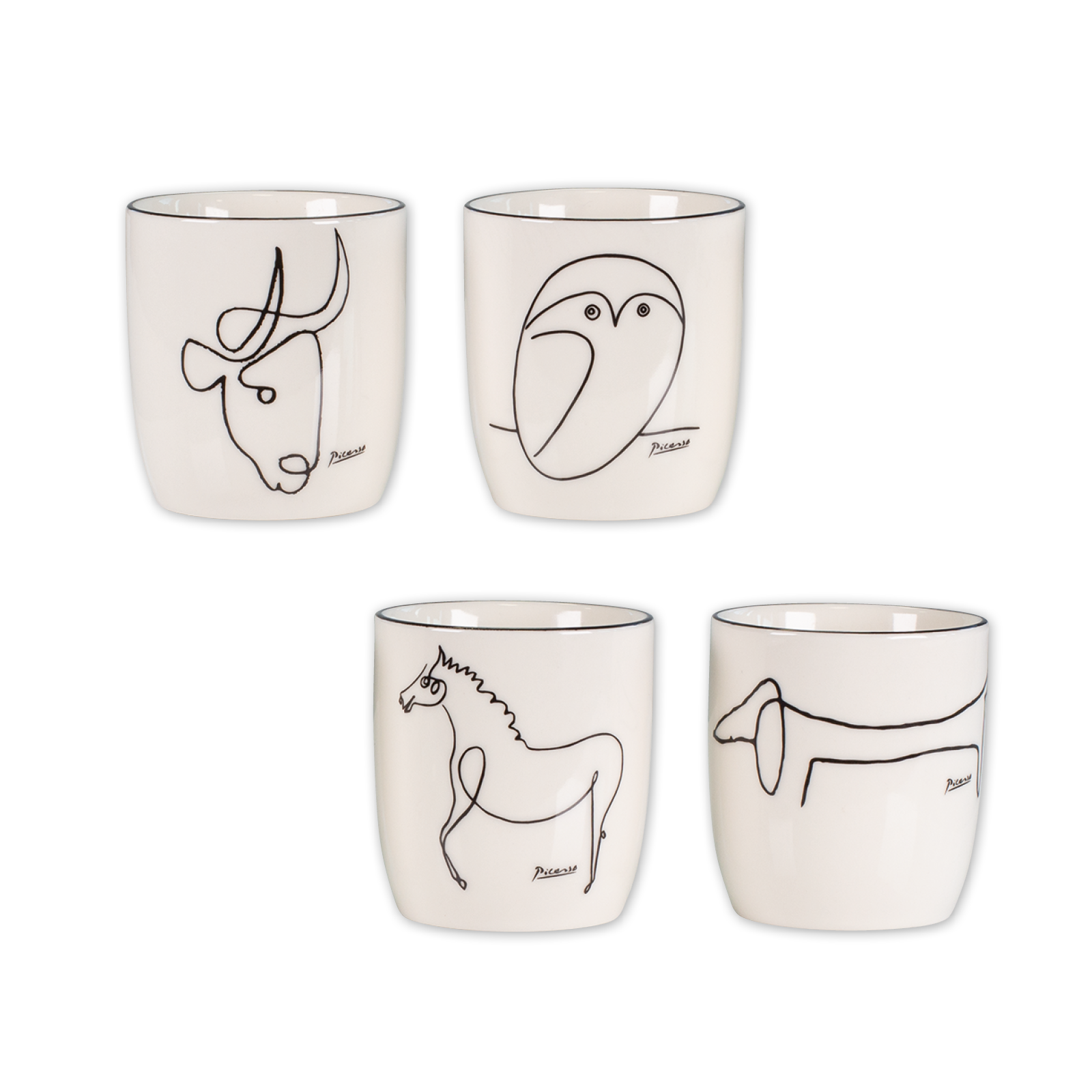 Pablo Picasso: 4 Becher mit Künstlermotiven "Animaux" im Set, Porzellan Becher inspiriert durch Picasso