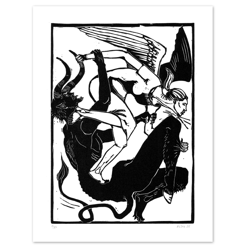 Linolschnitt "Gut und Böse" von Christian Rösner  Kunstdruck von Christian Rösner Ein Engel kämpft mit dem Teufel
