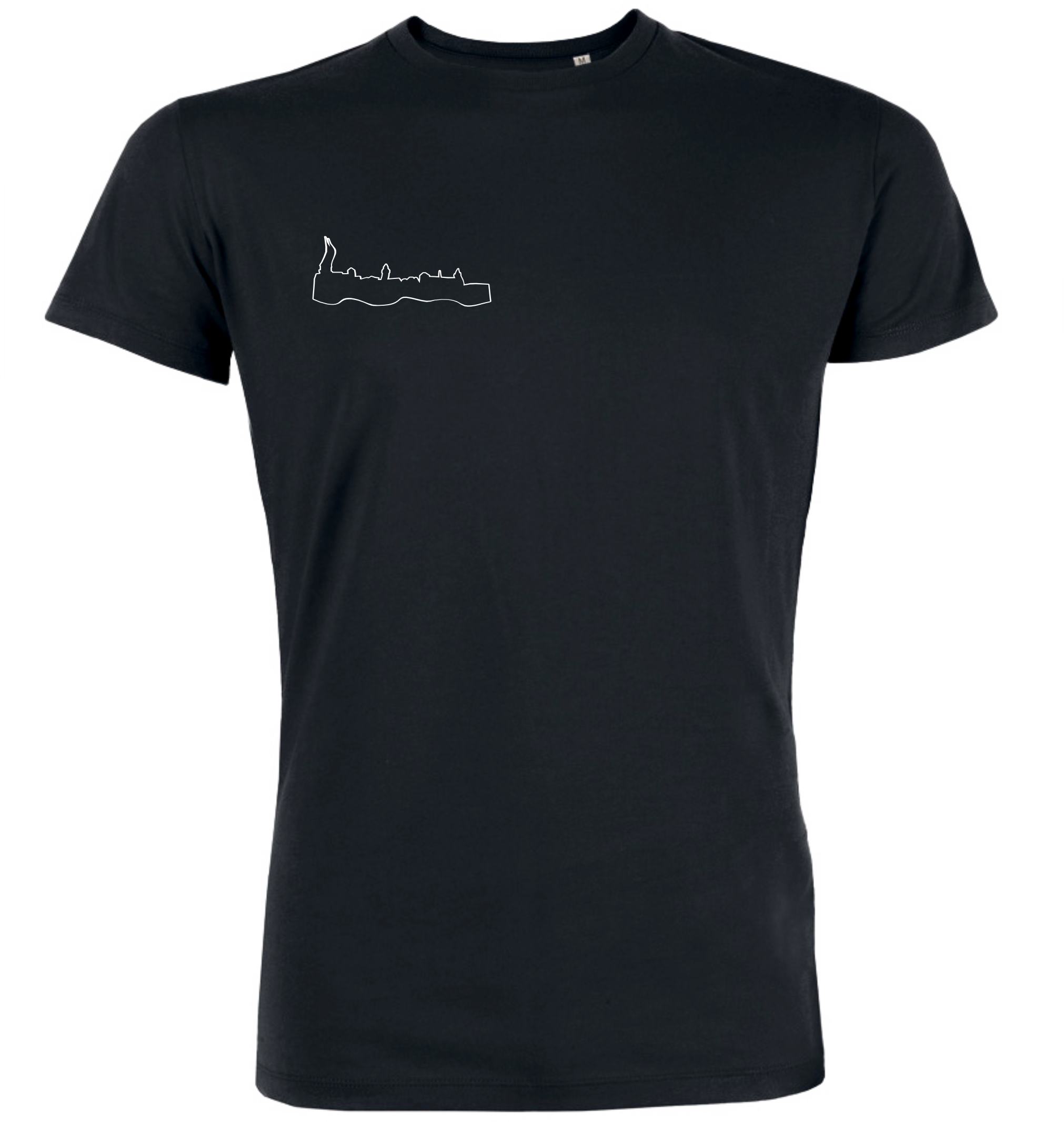 Vorderseite schwarzes T-Shirt mit weißer Skyline Nürnbergs.