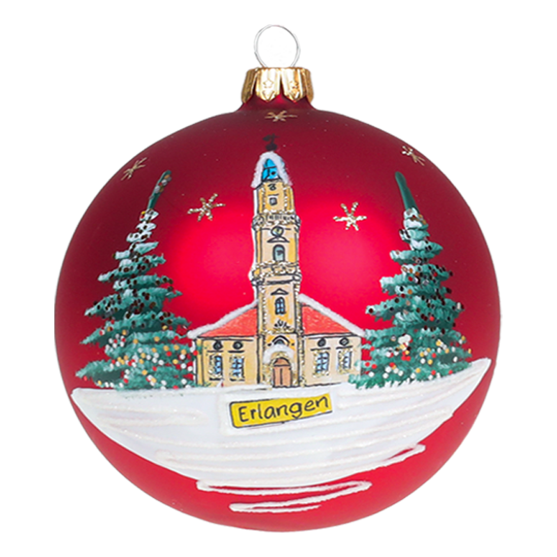 Rote Christbaumkugel mit Motiv Erlanger Hugenottenkirche