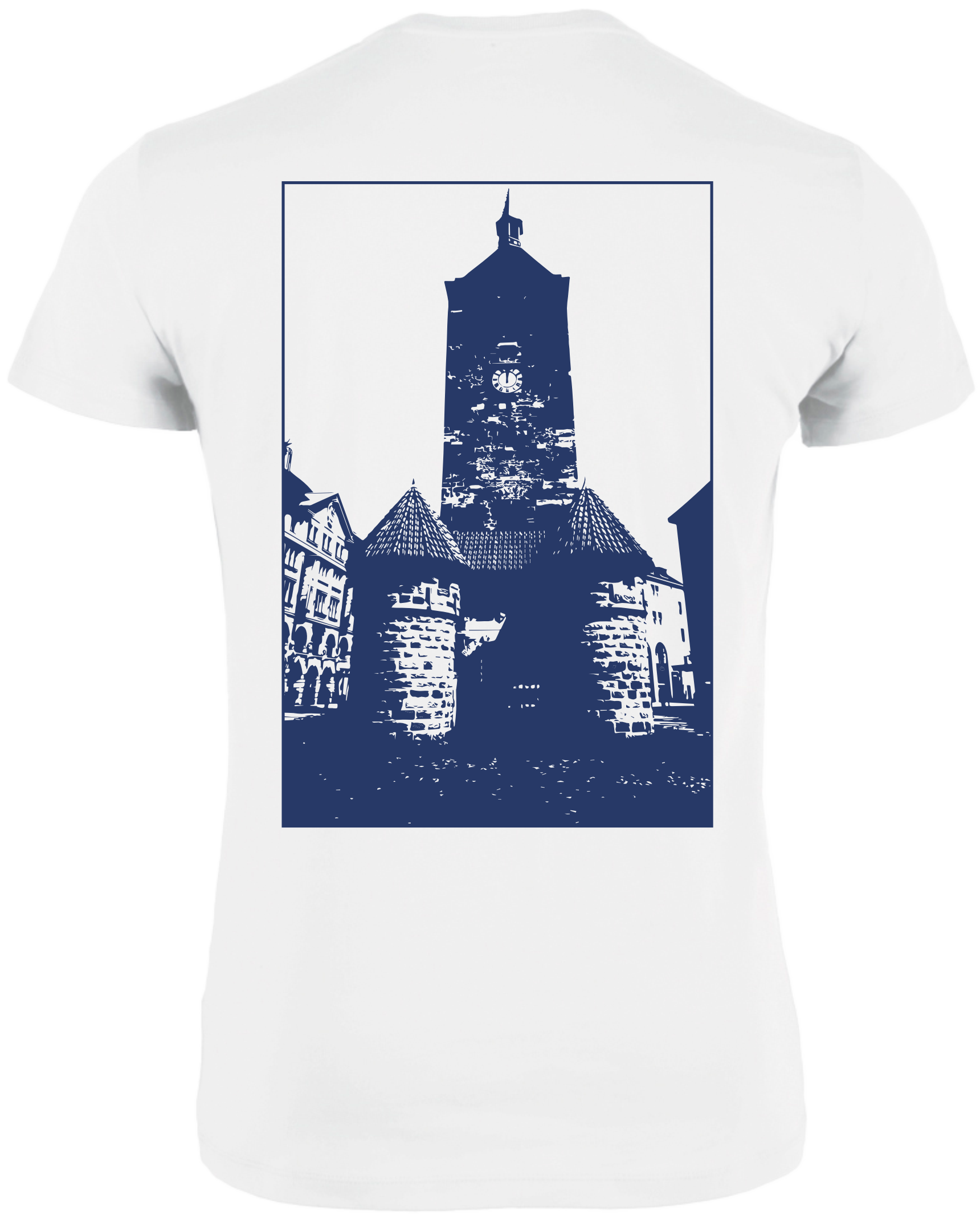 Rückseite weißes T-Shirt mit blauer Abbildung des Weißen Turms in Nürnberg