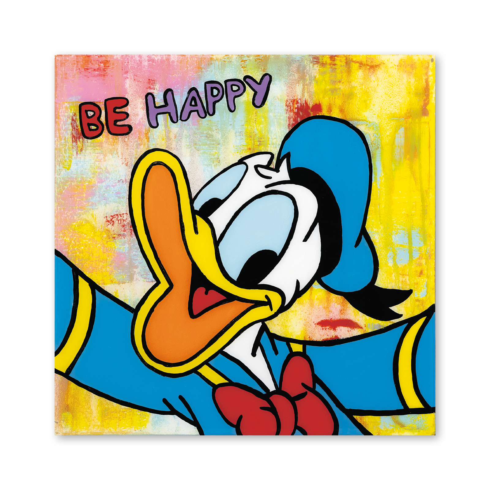 Bild von Pfannenschmidt mit Donald Duch und Schriftzug Be happy