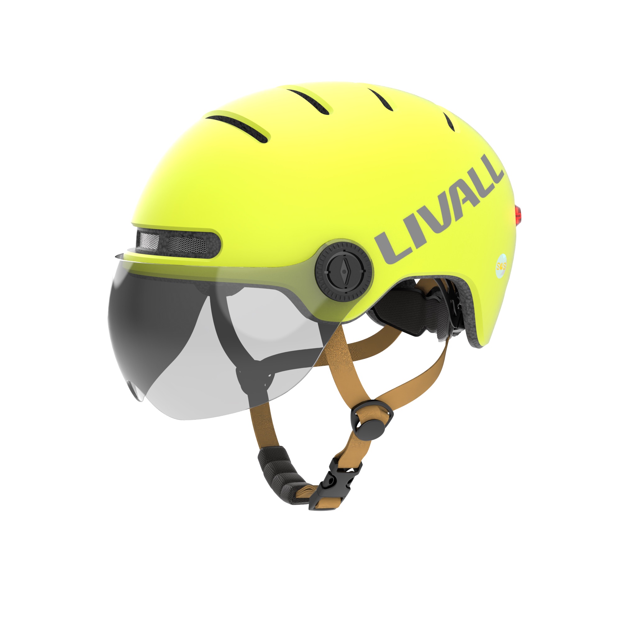 Fahrradhelm gelb mit Visier seitliche Ansicht