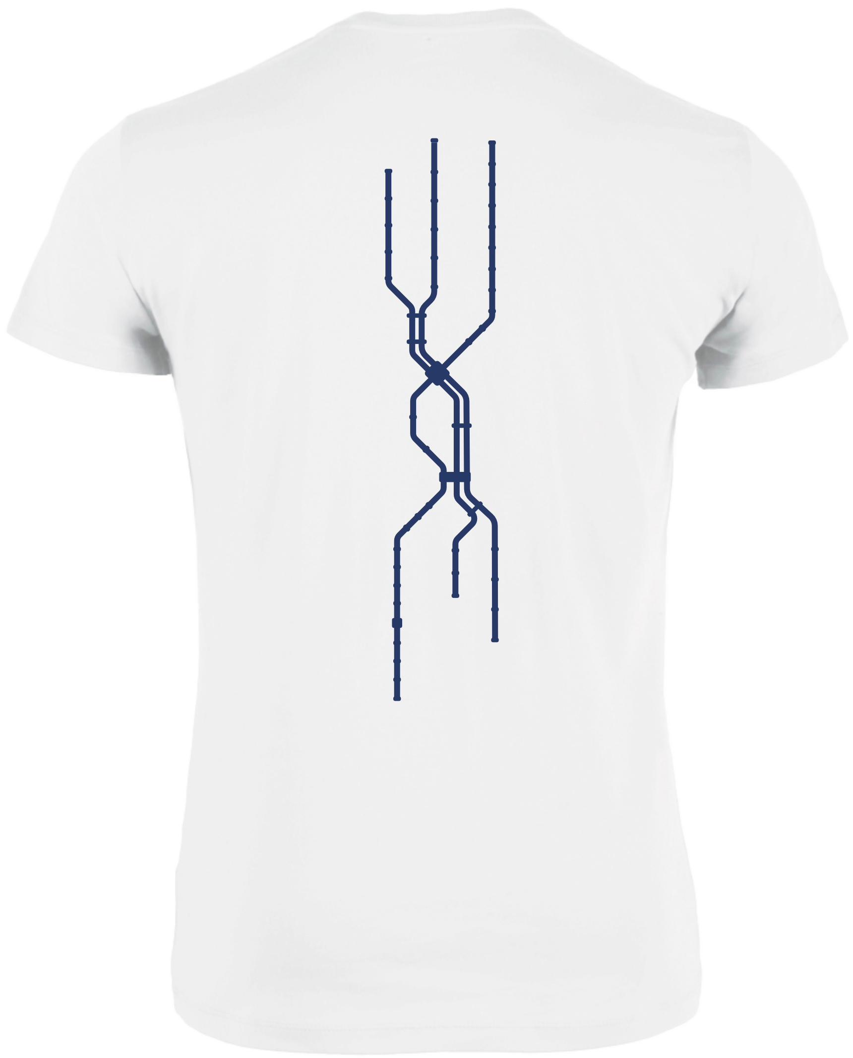 Rückseite weißes T-Shirt mit den U-Bahn-Netzlinien Nürnbergs.