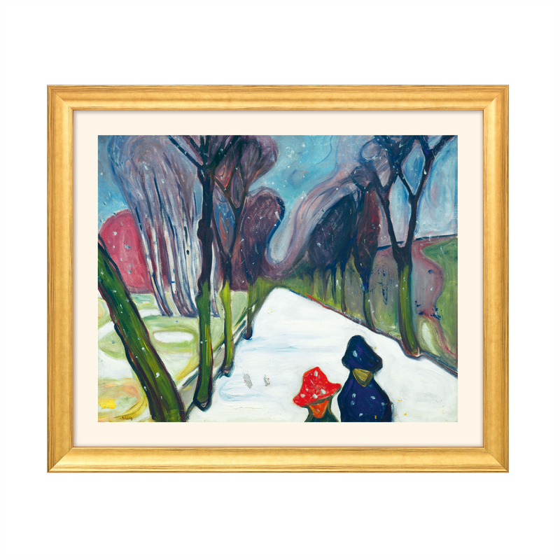 Edvard Munch: Bild "Allee im Schneegestöber" (1906) - aus "Jahreszeiten-Zyklus", Version goldfarben gerahmt