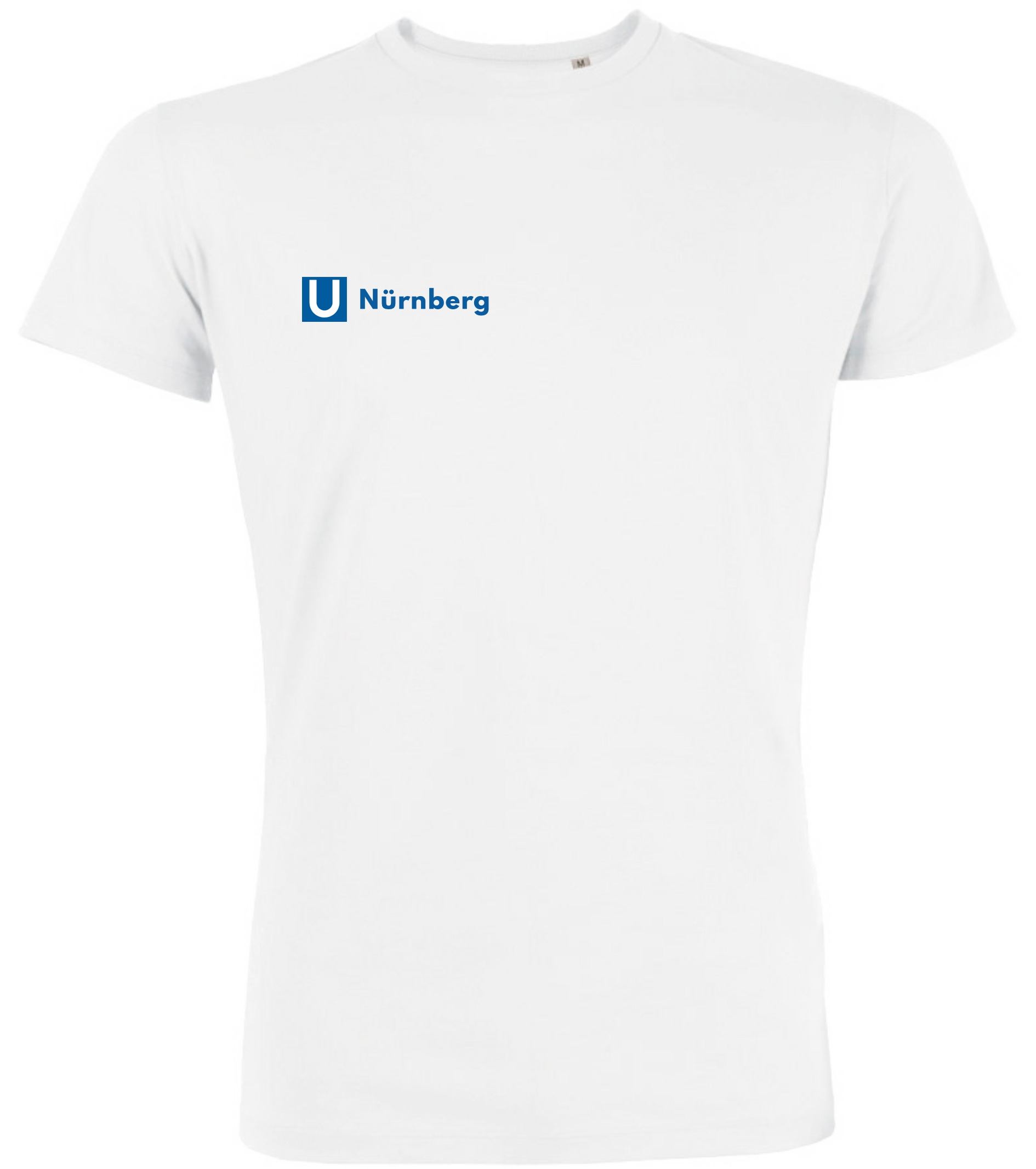 Vorderseite weißes T-Shirt mit blauem Aufdruck U Nürnberg.