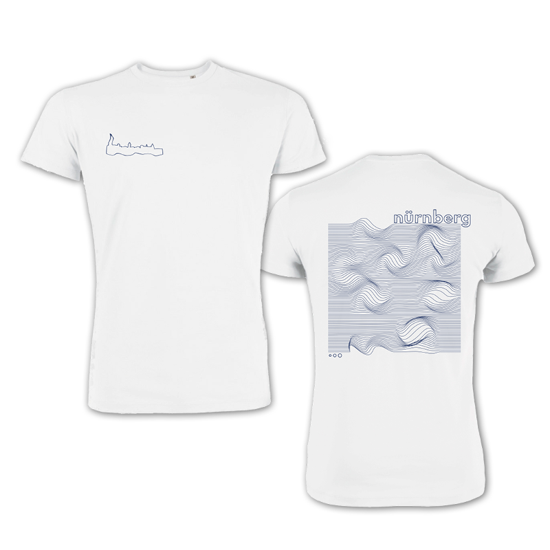 T-Shirt weiß, Vorderseite Skyline Nürnberg, Rückseite Nürnberg Waves 