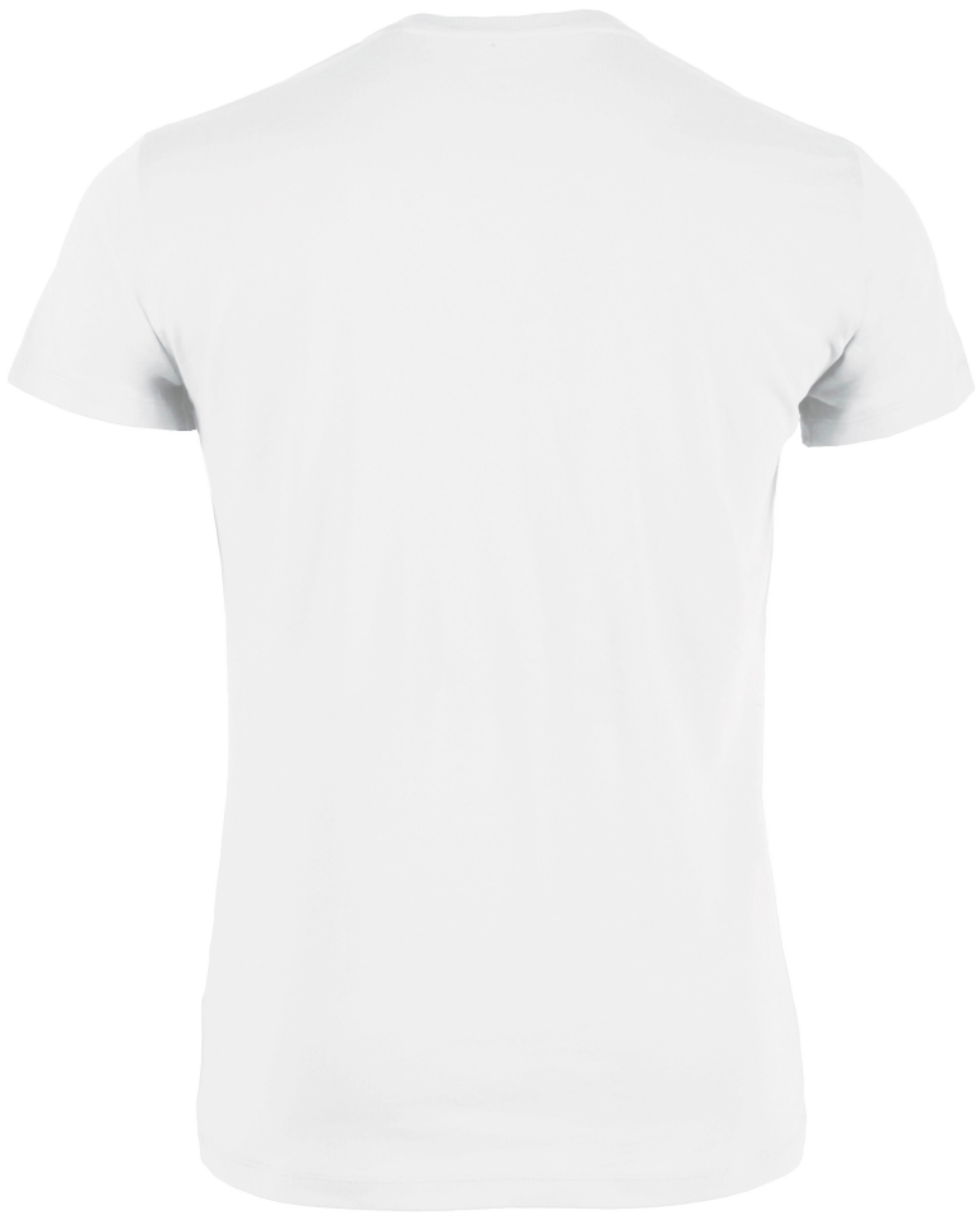 Rückseite weißes T-Shirt ohne Aufdruck.