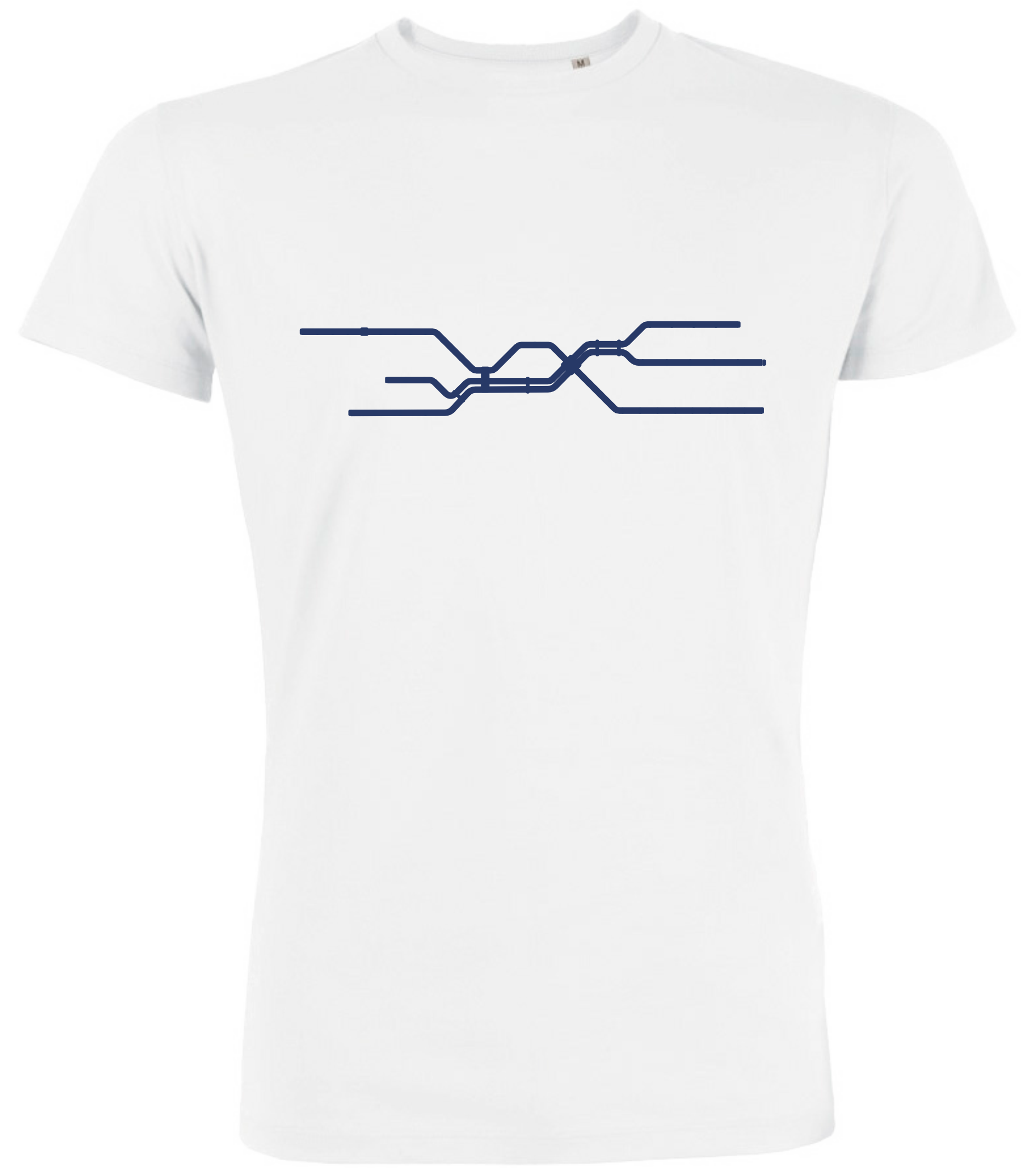 Vorderseite weißes T-Shirt mit blauem Aufdruck der U-Bahn-Netzlinien Nürnbergs.