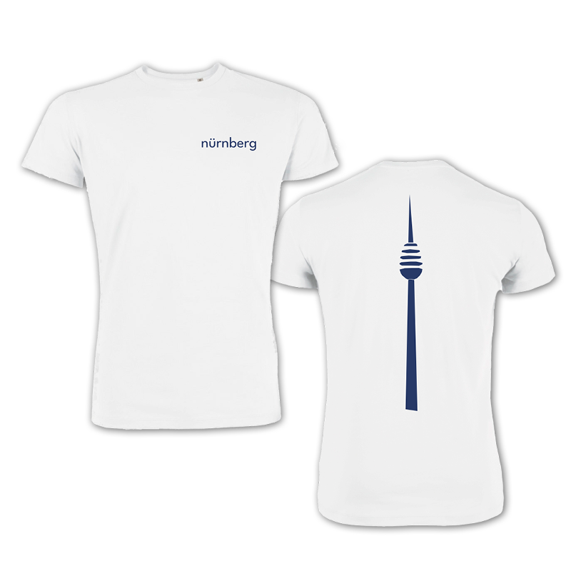 T-Shirt weiß, Vorderseite Nürnberg Schriftzug in blau, Rückseite Fernsehturm Nürnberg in blau