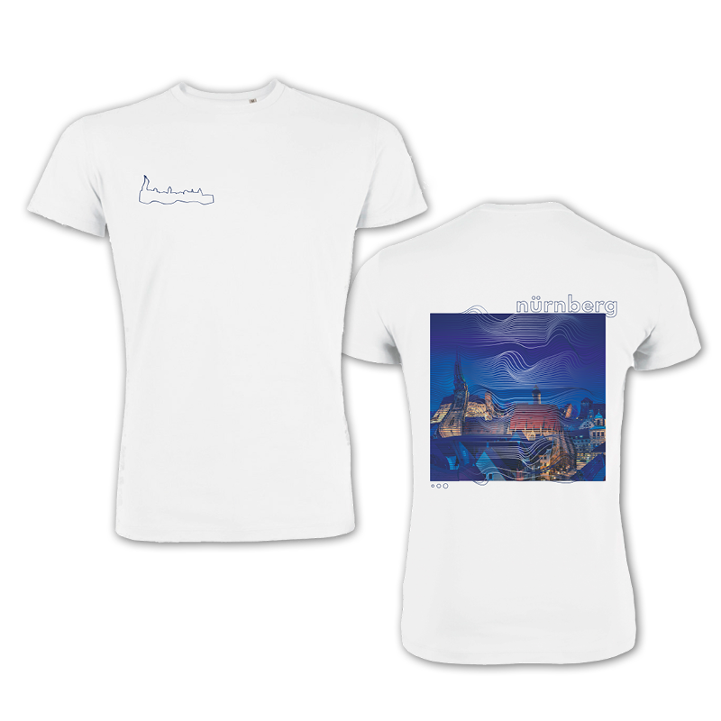 T-Shirt weiß, Vorderseite Skyline Nürnberg, Rückseite Abbildung Nürnberger Burg in blau gehüllt Blaue Nacht