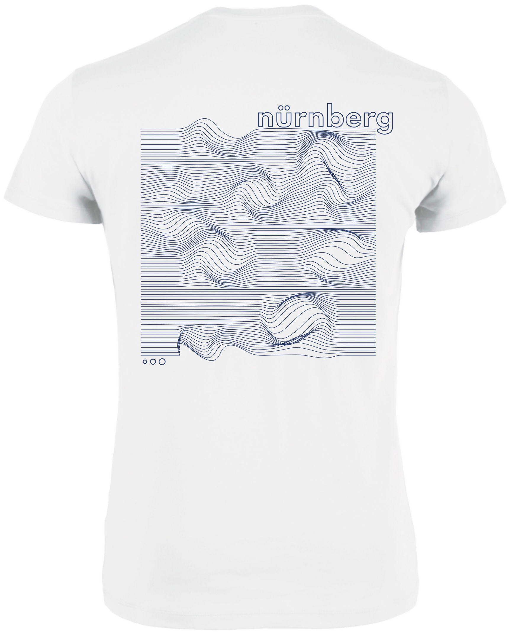 Rückseite weißes T-Shirt mit dem blauem Schriftzug Nürnberg und blauen Wellen.