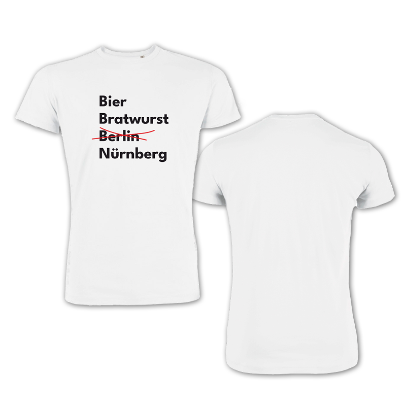 T-Shirt weiß, Vorderseite Schriftzug Bier Bratwurst Berlin durchgestrichen Nürnberg
