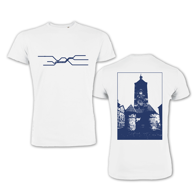 T-Shirt U-Bahnnetz Nürnberg Vorderseite, Rückseite Abbildung blau-weiss Weißer Turm