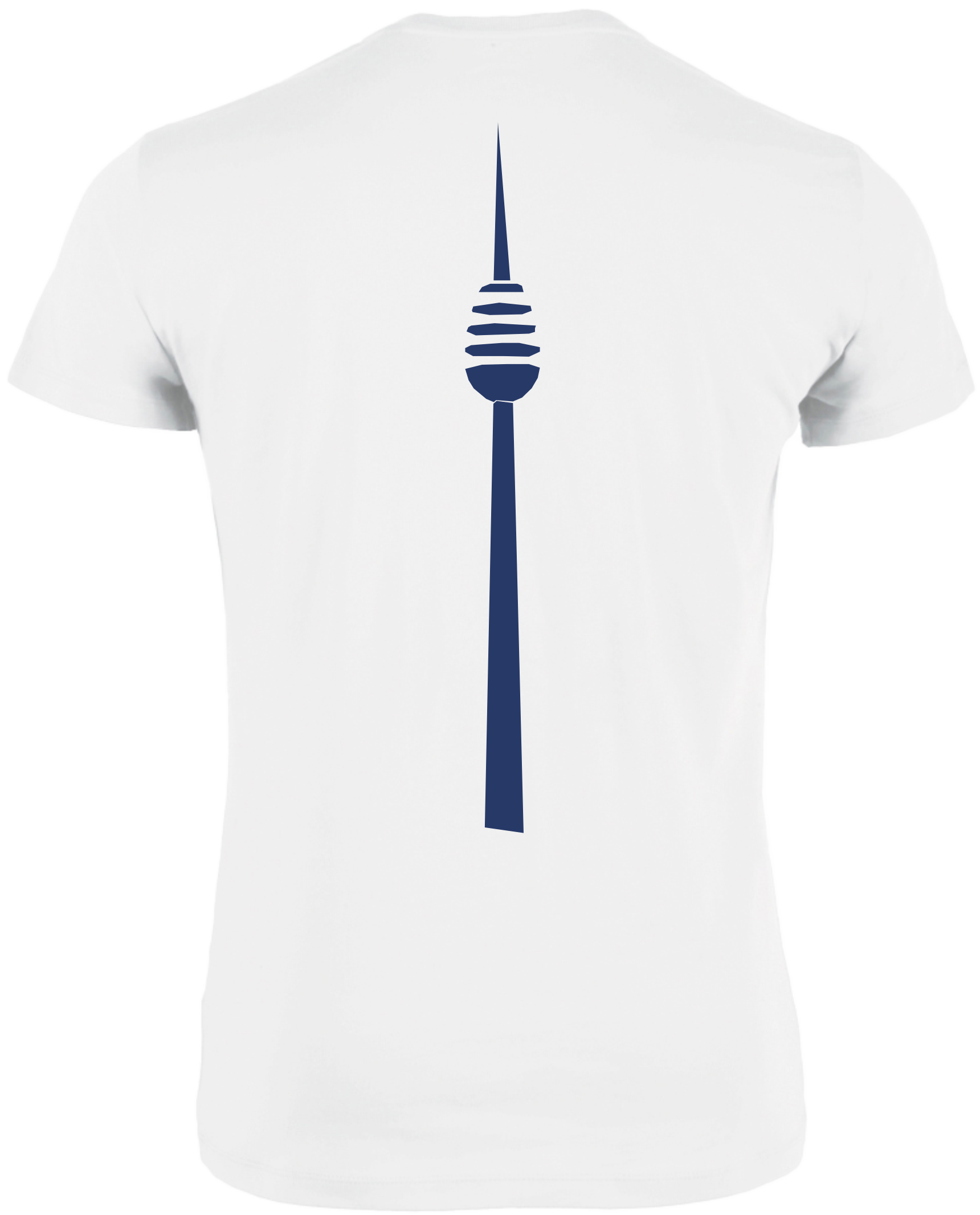 Rückseite des weißen T-Shirts mit dem blauen Fernsehturm.